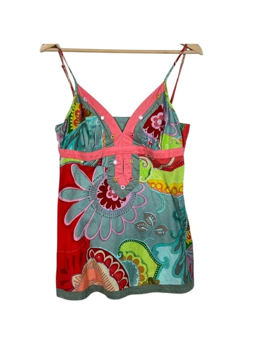 VTG Y2K Boho Babydoll Cami Top XL Psychedelic Floral Mirror Embellished Hippie - Picture 2 of 12